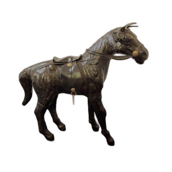 Vintage Equestrian Leather Wrapped Horse Figure Statue Black/w Saddle & Reins - Picture 1 of 4